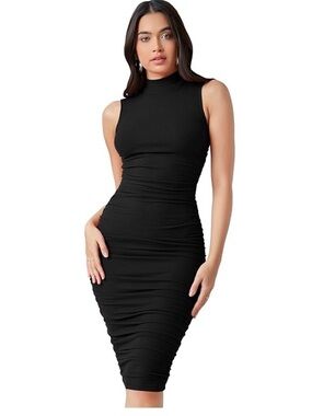 SHEIN Black Sleeveless Mock Neck Ruched Midi Dress